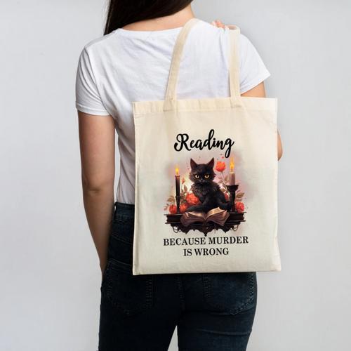 Reading Because Murder Is Wrong Books And Cats Book Lovers Canvas Tote Bag - Bookorys