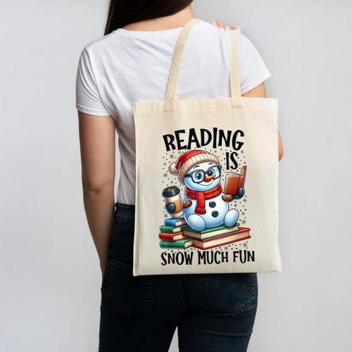 Reading Is Snow Much Fun Christmas Bookworm Snowman Reading Canvas Tote Bag - Bookorys CA