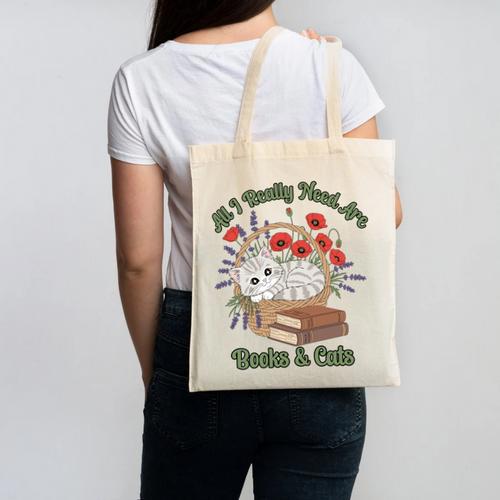 All I Really Need Are Books And Cats Book Lover Tee Canvas Tote Bag - Bookorys
