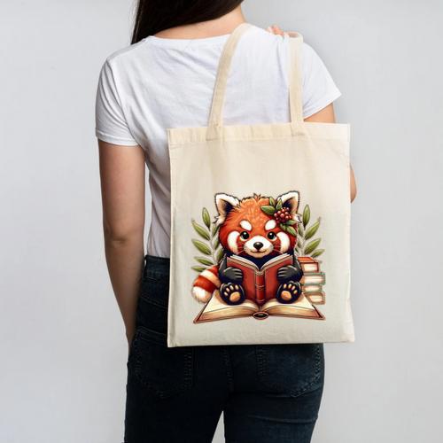 Red Panda Reading Books Pandas Cottagecore Aesthetic Kids Canvas Tote Bag - Bookorys