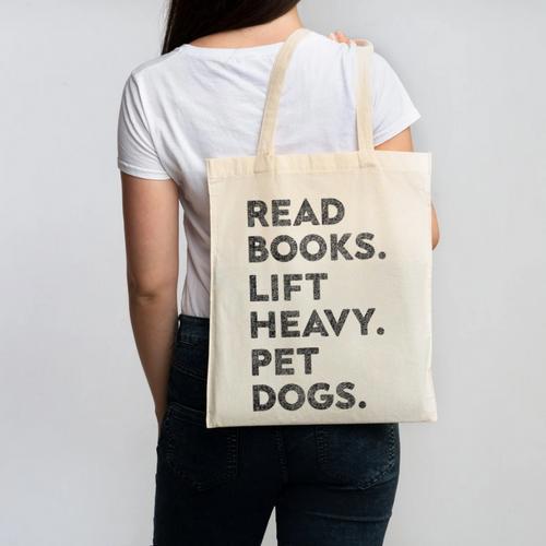 Retro Gym Book Lover Read Books Lift Heavy Pet Dogs Canvas Tote Bag - Bookorys