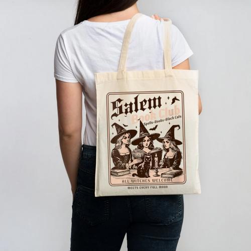 Salem Book Club Bookish Halloween Retro Salem Witch Book Canvas Tote Bag - Bookorys