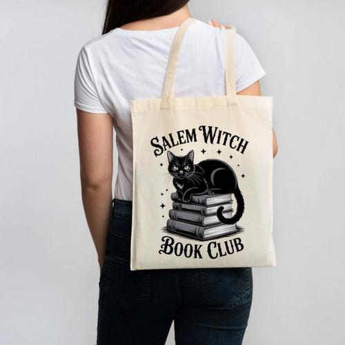Salem Witch Book Club Bookish Halloween Cat Women Canvas Tote Bag - Bookorys