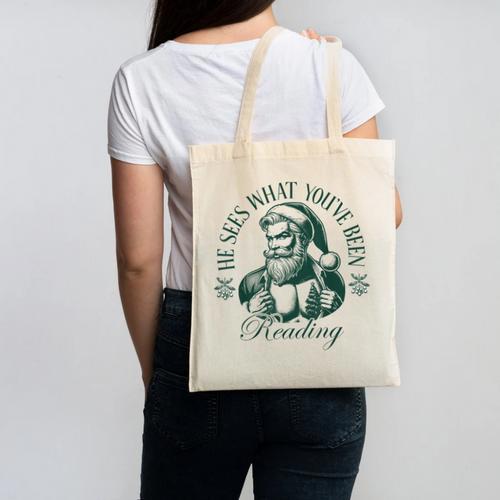 He Sees What You'Ve Been Reading Bookish Christmas Canvas Tote Bag - Bookorys