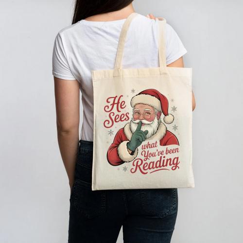 He Sees What You'Ve Been Reading Bookish Christmas Humor Canvas Tote Bag - Bookorys CA