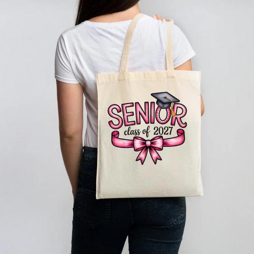 Senior Class Of 2027 Coquette Pink Bow Graduation 2027 Women Canvas Tote Bag - Best Gift Smart