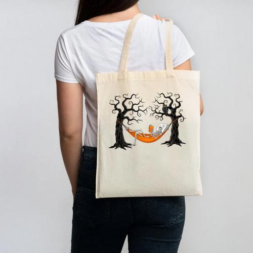 Skeleton Reading Book In Hammock Halloween Reader Canvas Tote Bag - Bookorys