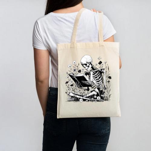 Skeleton Skull Halloween Book Reading Books Lover Teacher Canvas Tote Bag - Bookorys