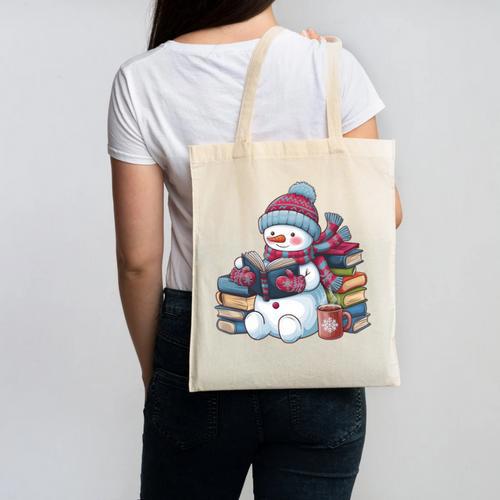 Snowman Reading Book Lovers Christmas Bookworm Librarian Canvas Tote Bag - Bookorys CA