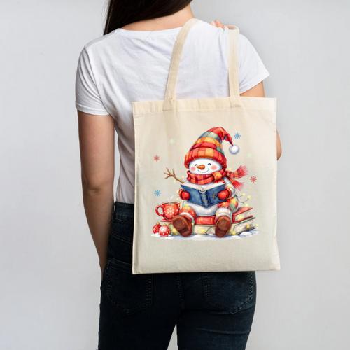 Snowman Reading Books Lovers Christmas Librarian Bookworm Canvas Tote Bag - Bookorys