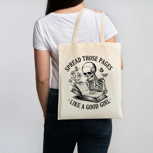 Spread Those Pages Like A Good Girl Skeleton Floral Book Canvas Tote Bag - Bookorys CA
