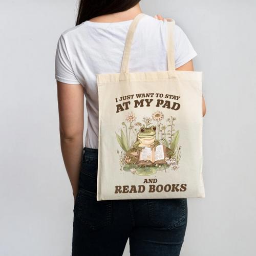 Stay At My Pad And Read Books Frog Introvert Reading Canvas Tote Bag - Bookorys