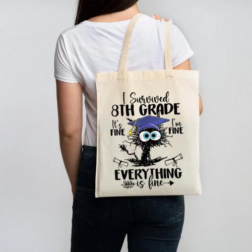 I Survived 8th Grade Graduated Cat Graduation Canvas Tote Bag - Best Gift Smart
