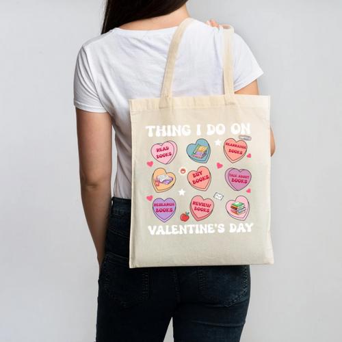 Things I Do On Valentines's Day Book Lover Candy Heart Canvas Tote Bag - Bookorys