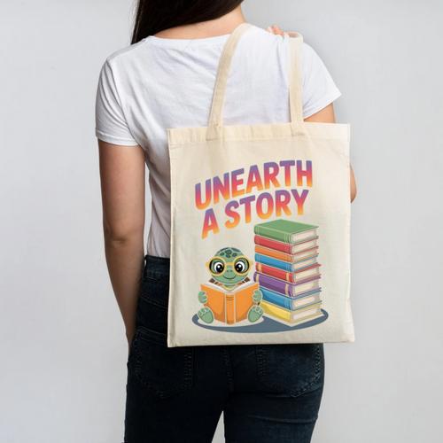 Unearth A Story Cute Turtle Reading Books Librarian Canvas Tote Bag - Bookorys