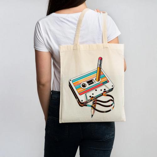 Vintage Cassette Tape And Pencil Nostalgia Party 70s 80s 90s Premium Canvas Tote Bag - Figerry
