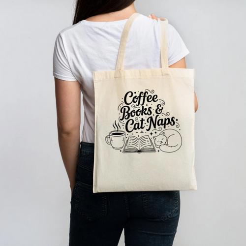 Vintage Retro Coffee Books & Cat Naps Canvas Tote Bag - Bookorys CA