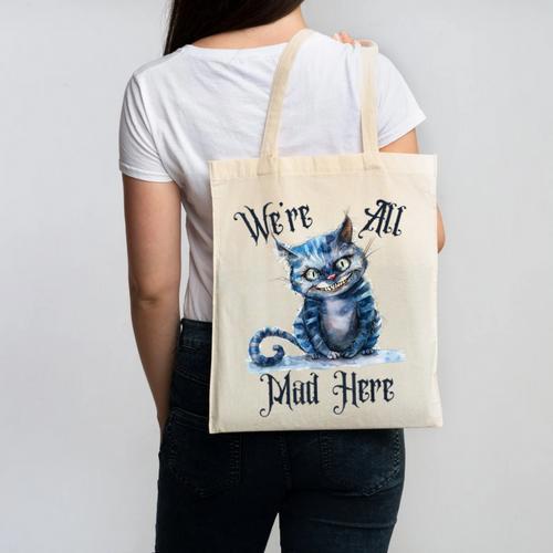 We'Re All Mad Here Cheshire Cat Alice Wonderland Book Kids Canvas Tote Bag - Bookorys