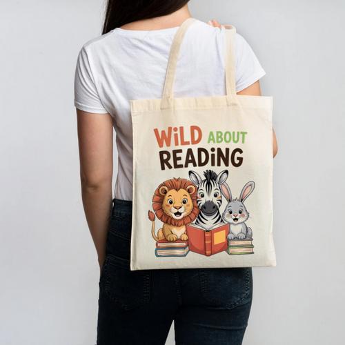 Wild About Reading Zoo Animals For Bookworm Book Reader Canvas Tote Bag - Bookorys