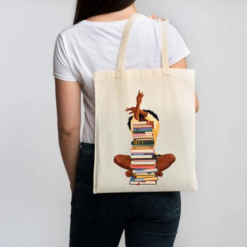 Woman And Books Stack Afro Girl Book Lover Canvas Tote Bag - Bookorys