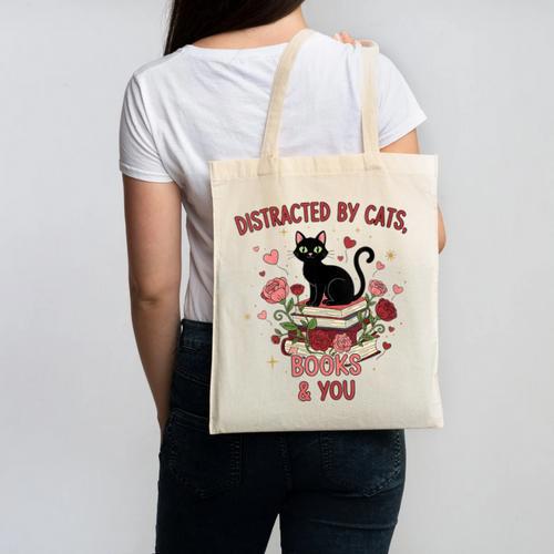 Women's Cat Books Romantic Floral Aesthetic Book Lover Cat Owner Canvas Tote Bag - Bookorys DE