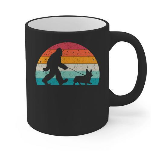 Bigfoot Walking a Dog Corgi Lovers Dog Dad Graphic Print Coffee Mug - Father's Day Fun
