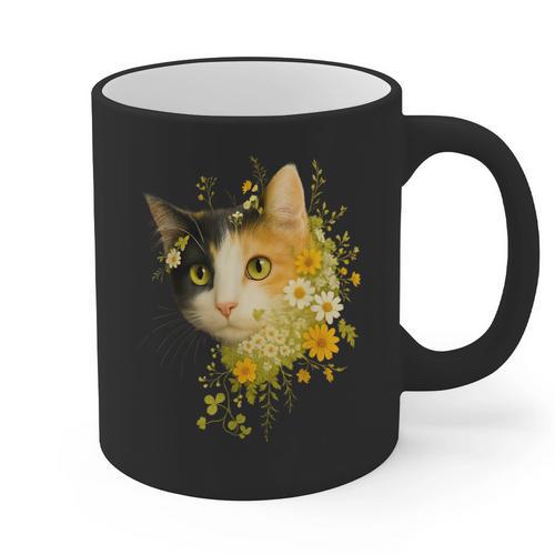 Calico Cat With Flowers For Mom Dad Women Men Kids Botanical Graphic Print Coffee Mug - Father's Day Fun