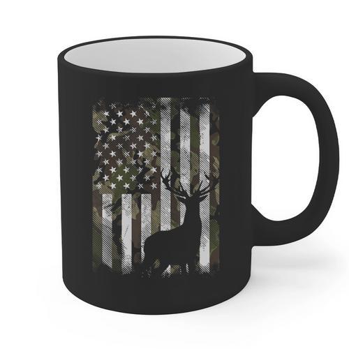 Camo US Flag Deer Elk Buck Camoflage Hunting Hunter Dad Short Sleeve Graphic Print Coffee Mug - Father's Day Fun