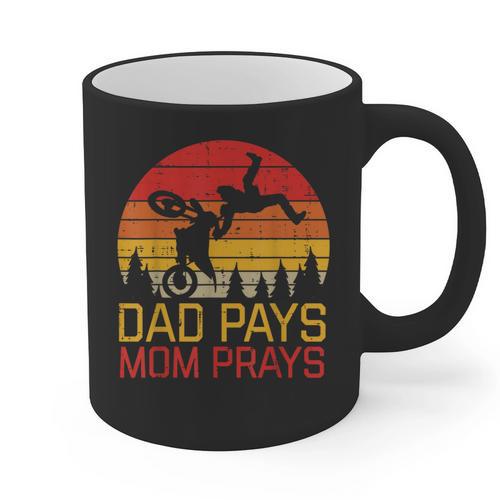 Dad Pays Mom Prays Dirt Bike Retro Motocross Boys Kids Graphic Print Coffee Mug - Father's Day Fun