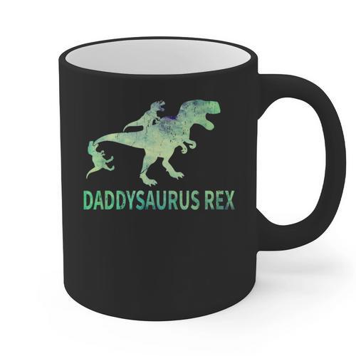 Daddysaurus T Rex Dinosaur Daddy Saurus Dad 2 Two Kids Dino Graphic Print Coffee Mug - Father's Day Fun