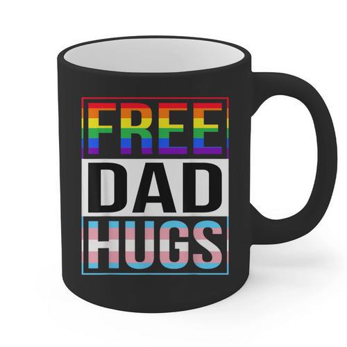 Free Dad Hugs LGBT Gay Pride Month Transgender Rainbow Flag Graphic Print Coffee Mug - Father's Day Fun