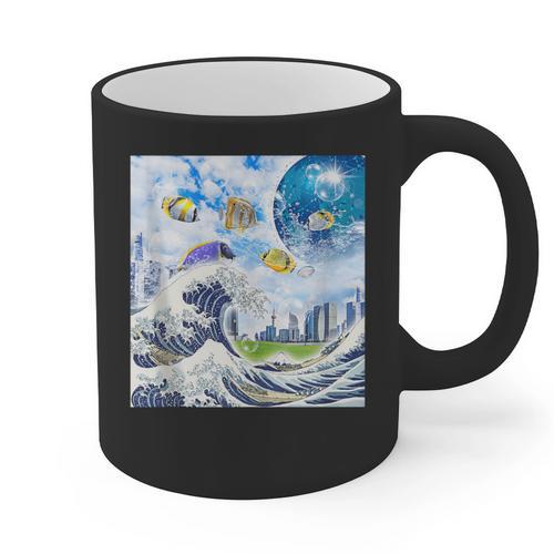 Frutiger Aero Aesthetic Tech Great Wave Of Kanagawa Fishes Graphic Print Coffee Mug - Figerry
