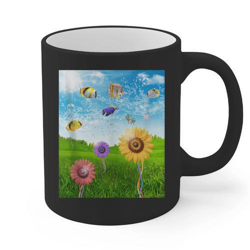 Frutiger Aero Aesthetic Tech Scenery Fishes Sunflower Graphic Print Coffee Mug - Figerry