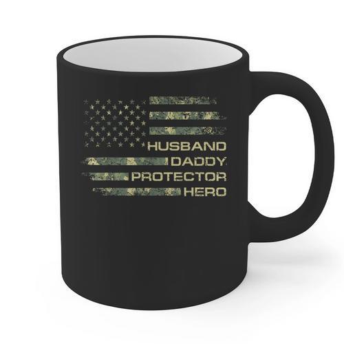 Husband Daddy Protector Hero Fathers Day Camo American Flag Graphic Print Coffee Mug - Father's Day Fun