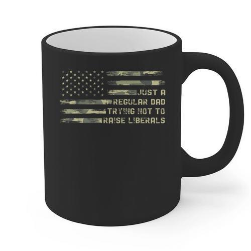 Just a Regular Dad Trying Not To Raise Liberals Camouflage Graphic Print Coffee Mug - Father's Day Fun