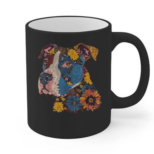 Pitbull Floral Dog Lover Vintage Flower Art Pitbull Mom Dad Graphic Print Coffee Mug - Father's Day Fun