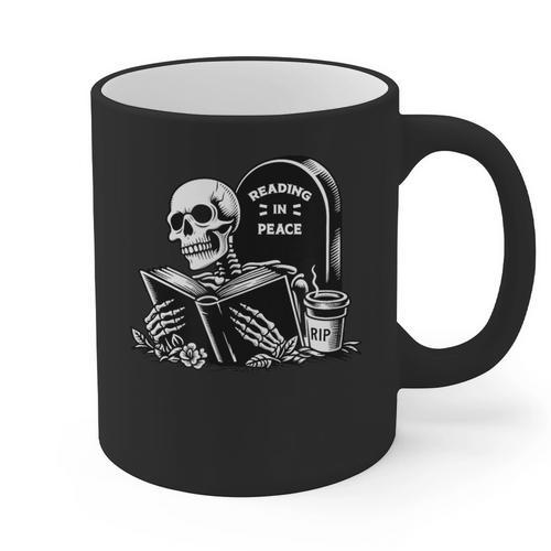 READING IN PEACE RIP Introvert Skeleton Read Book Meme Graphic Print Coffee Mug - Raresse