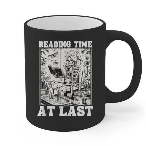 Reading Time At Last Book Lover Introvert Skeleton Reading Graphic Print Coffee Mug - Raresse