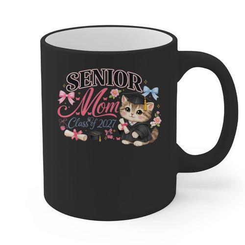 Senior Mom Class Of 2027 Cute Cat Graduation Pink Bows Girls Graphic Print Coffee Mug - Best Gift Smart