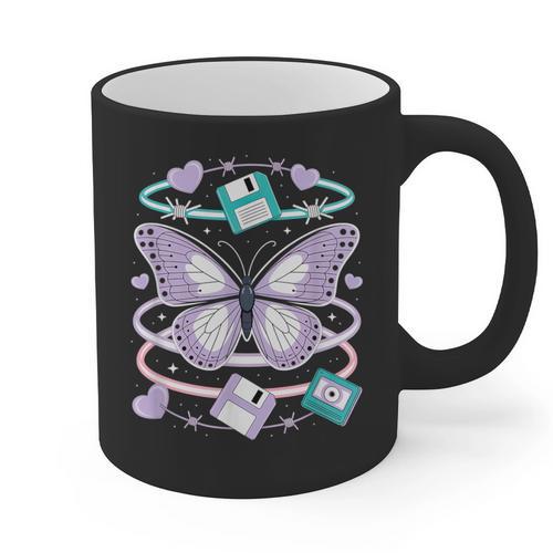 Y2K Butterfly Floppy Disk Art Digital Nostalgia Graphic Print Coffee Mug - Figerry