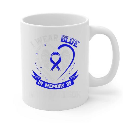 Blue In Memory Of Grandson Colon Cancer Awareness Shirts Premium Graphic Print Coffee Mug - Easessy