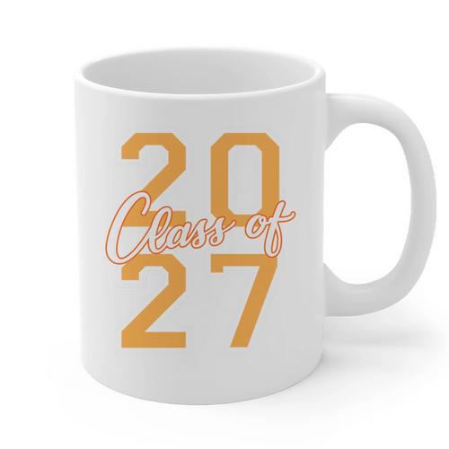 Class Of 2027 Graduation Varsity Orange On The Back Premium Tri-Blend Graphic Print Coffee Mug - Best Gift Smart