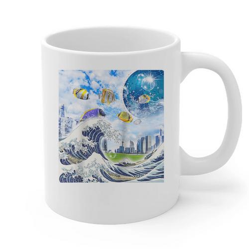 Frutiger Aero Aesthetic Tech Great Wave Of Kanagawa Fishes Raglan Baseball Tee Graphic Print Coffee Mug - Figerry