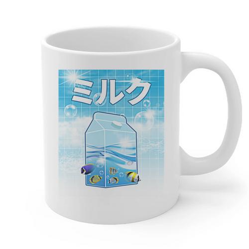 Frutiger Aero Aesthetic Tech Kawaii Milk Underwater Fishes Graphic Print Coffee Mug - Figerry