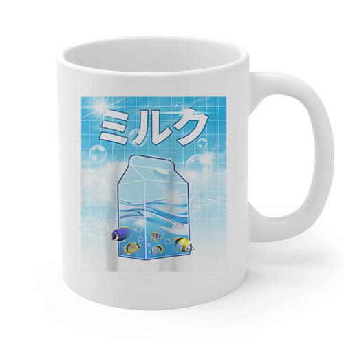 Frutiger Aero Aesthetic Tech Kawaii Milk Underwater Fishes Raglan Baseball Tee Graphic Print Coffee Mug - Figerry