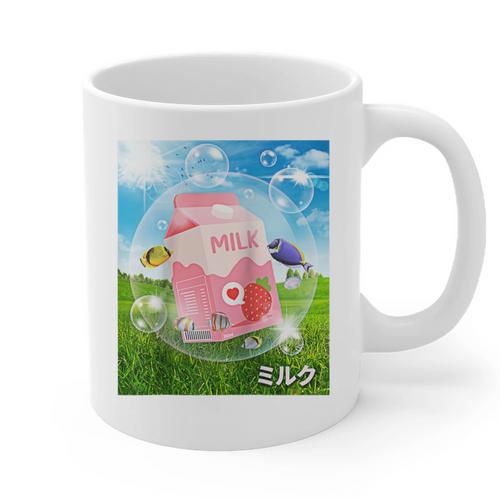 Frutiger Aero Aesthetic Tech Kawaii Strawberry Milk Fishes Raglan Baseball Tee Graphic Print Coffee Mug - Figerry