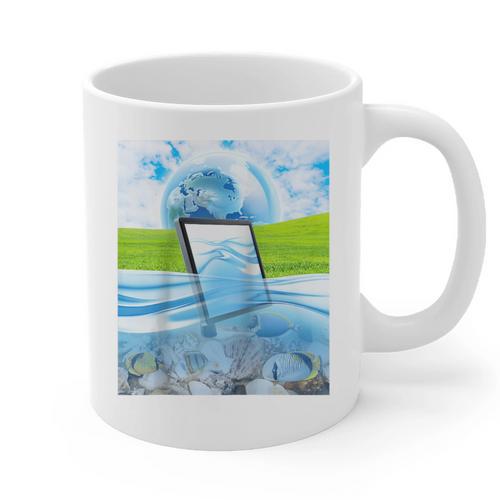 Frutiger Aero Aesthetic Tech Water Fishes Monitor Screen Raglan Baseball Tee Graphic Print Coffee Mug - Figerry