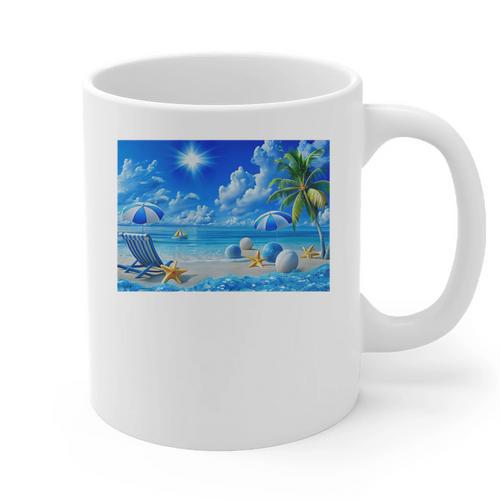 Frutiger Aero Beach Y2k Aesthetic Palm Tree Sand Ocean Premium Graphic Print Coffee Mug - Figerry