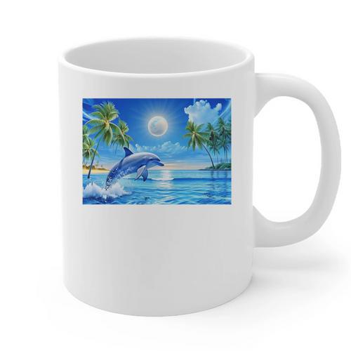 Frutiger Aero Dolphin Sunset Ocean With Palm Trees Y2k Premium Graphic Print Coffee Mug - Figerry