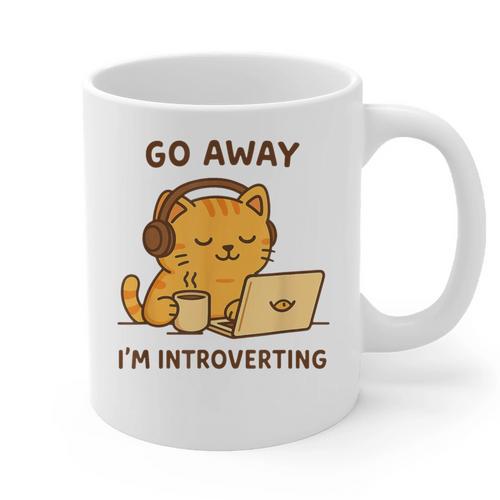 Go Away I'm Introverting Cozy Cat With Laptop And Coffee Graphic Print Coffee Mug - Raresse